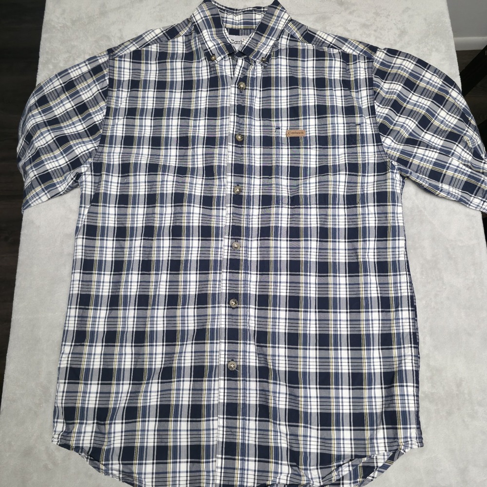 Vtg Carhartt Plaid Short Sleeve Button Cotton Mens Small Shirt